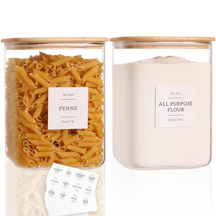 2 Pack Square Glass Flour and Sugar Containers with 132 Kitchen Pantry Labels (2 Count)