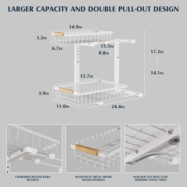 Metal Under Sink Organizers and Storage, 2 Tier Under Sink Organizer Pull Out, Adjustable Under Kitchen Sink Organizer, Sliding Cabinet Organizer for Bathroom, White