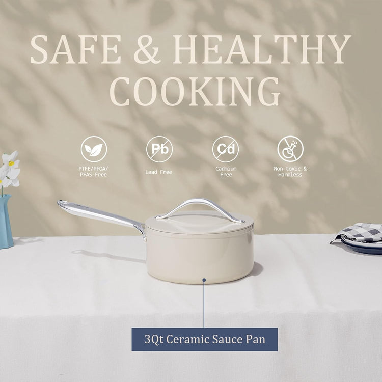 3.5qt Nonstick Ceramic Sauce Pan with Lid (8.19") Even Heat Distribution, Non Toxic & PFAS Free Healthy Cooking Pot for All Stovetops (Induction/Gas/Electric), Oven Safe 500ยฐF, Cream