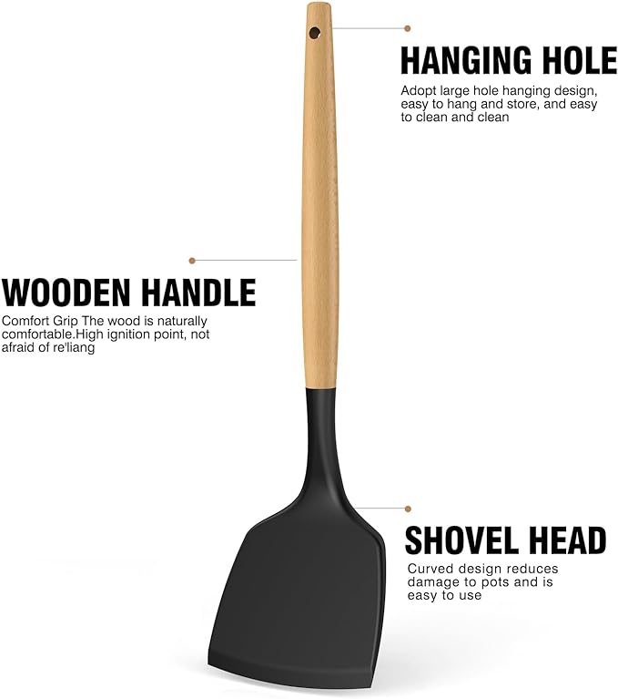 Silicone Cooking Utensils Set Utensil Sets - 446°F Heat Resistant Silicone Kitchen Utensils Set Wooden Handles, Silicone Utensils for Cooking w Holder for Non-Stick Cookware BPA FREE (Black)