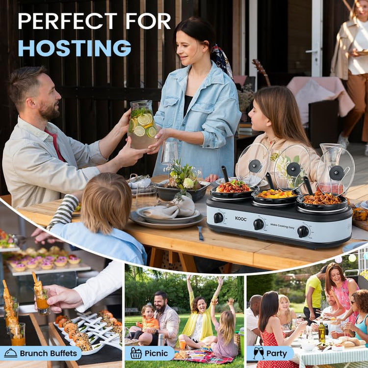 Triple Slow Cooker Buffet Server and Food Warmer 3x1.5 Quart Individual Temp Control With Lid Rests & Spoons With Liners Included Blue Grey