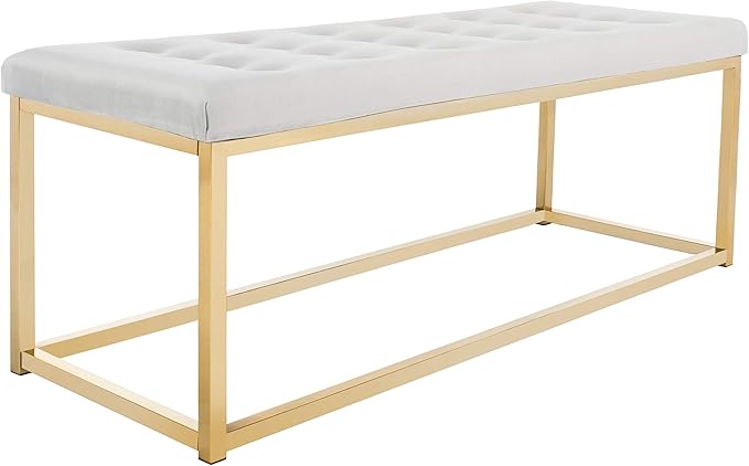 SAFAVIEH Home Collection – Reynolds Grey Tufted Upholstered Accent Bench, Modern Parsons-Style Open Frame Bench with Brass Legs for Bedroom, Entryway or Living Room (FOX6225F)