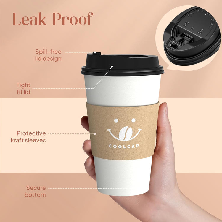 Coffee Cups with Lids and Sleeves, 16 Ounce 200 pack To Go Coffee Cups with Lids, Paper Hot Cups for Hot & Cold Beverage (White, 16 Ounce)