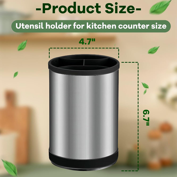 Kitchen Utensil Holder for Countertop, 360°Rotating Cooking Utensil Crocks,4 Compartment Stainless Steel Utensil Holder,6.7”Large Utensil Crock Spoon Fork Knife Holder For Kitchen Counter (khaki)