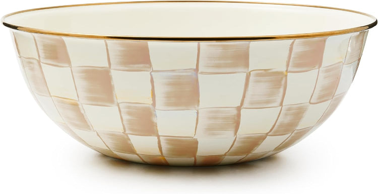 MACKENZIE-CHILDS Enamel Everyday Bowl, Serving Bowl for Entertaining, Extra Large, Brown-and-White Mocha Check