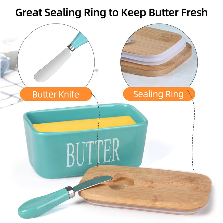Ceramic Butter Dish with Bamboo Lid and Stainless Steel Knife Spreader