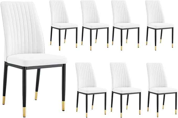 Modern Dining Chairs Set - 8 White PU Leather Armless Chairs with Metal Legs for Dinner Room, Office, Waiting Room