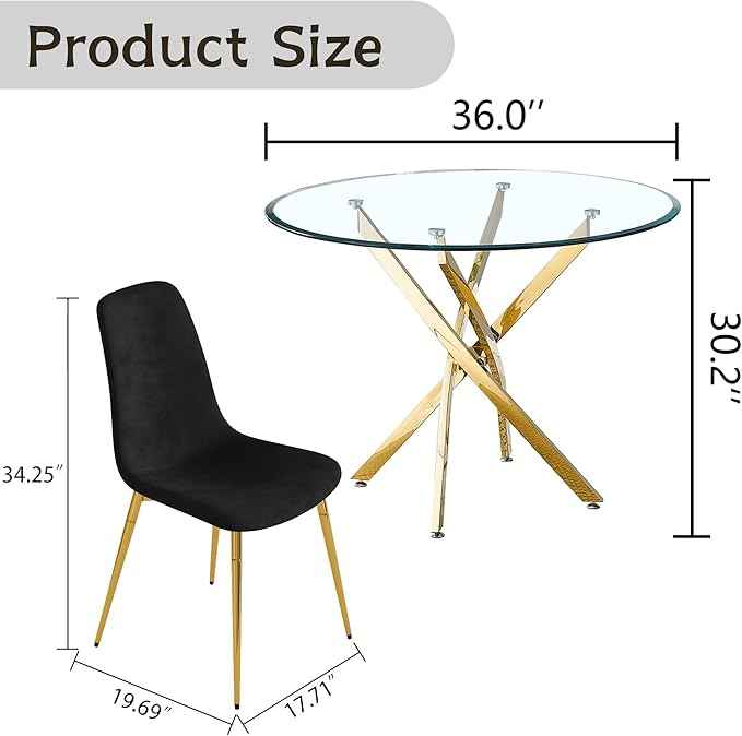 AF ARTISAN FURNITURE 36" Round Glass Dining Table Set for 4, 5-Piece Modern Kitchen Table with 4 Black Velvet Chairs, Modern Circle Leisure Table for Home Office Dining Room Small Spaces (Gold Leg)