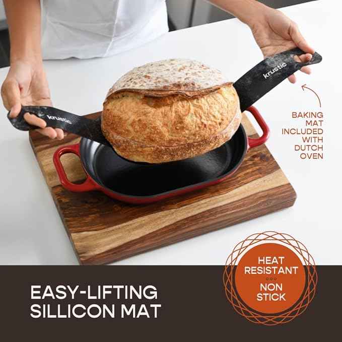 Enameled Cast Iron Dutch Oven for Professional Sourdough Bread Baking | 5.5 Quart Loaf Size Oval Cookware Pot with Lid | Triple-Layer Enamel Coating Pan with Non Stick Silicone Mat |Red