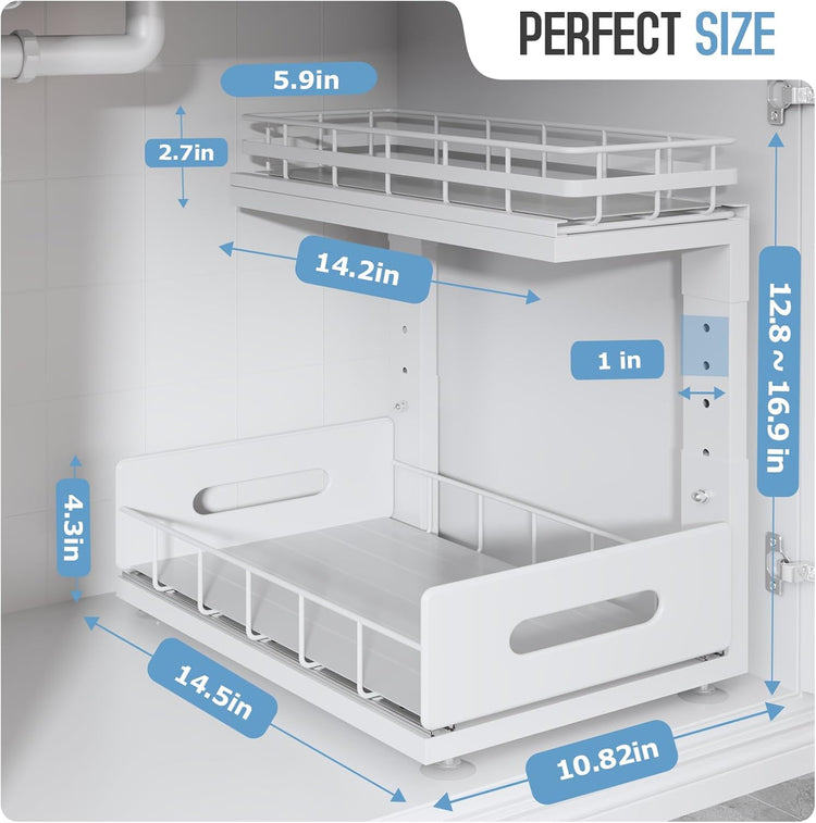 1 Pack Under Sink Organizer Upgrade To Professional Rails,2-Tier Dual Pull Out Cabinet Storage,Height Adjustable Slide Out Drawers For Bathroom Kitchen,Under Sink Shelf-White