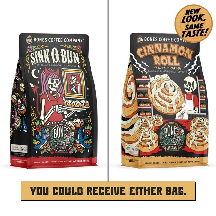 Bones Coffee Company Cinnamon Roll Flavored Coffee, Medium Roast Low Acid Arabica Beans Compatible with Auto drip and French Press Coffee Maker, 12 Oz Whole Bean