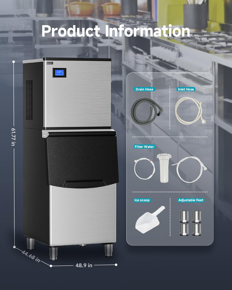 EUHOMY Commercial Ice Maker Machine,600lbs/24H,Industrial Ice Machine with 300lbs Storage Bin,Ice Ready in 10-15 Mins,SECOP Compressor&ETL,Stainless Steel Ice Maker for Bar/Cafe/Restaurant/Business