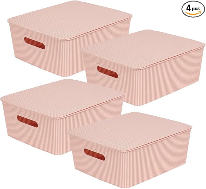 Glad Storage Baskets with Lids - Set of 4 Stackable Plastic Boxes with Handles - Decorative Shelf Organizer Bins for Bathroom and Closet, Pink, 3.1 Gallon