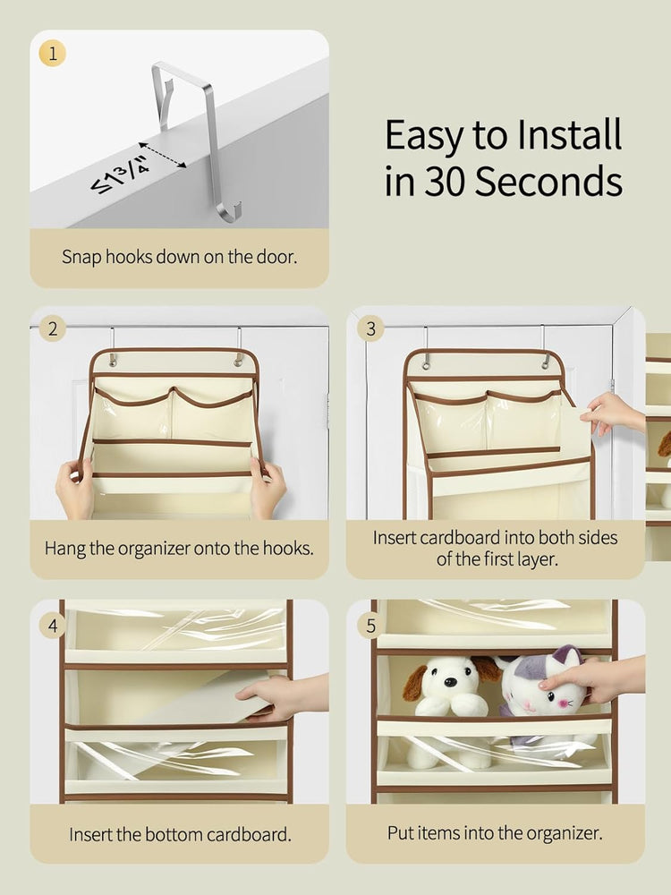 Yecaye 5 Tier 1Pc Over the Door Organizer, Swing-proof Door Organizer Hanging with Clear PVC Windows, Behind the Door Storage for Bedroom Nursery Closet Laundry Pantry Bathroom, Beige