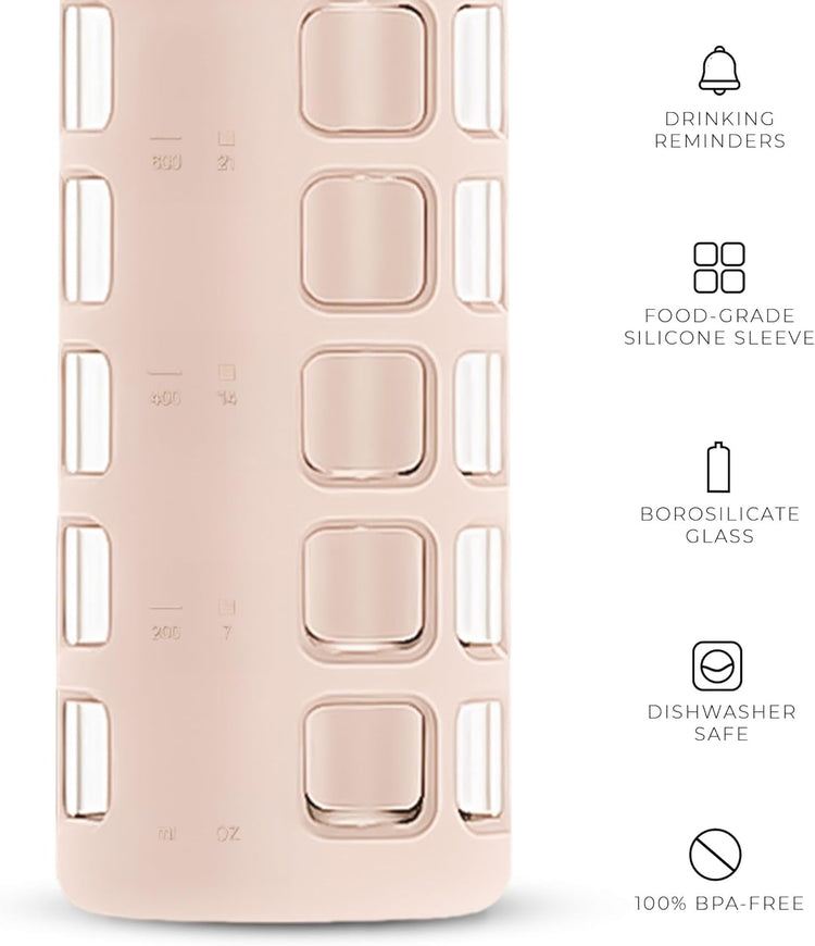 purifyou 40oz / 32oz / 22oz / 12oz Borosilicate Glass Water Bottle with Time & Volume Markers, Silicone Sleeve, Stainless Steel Lid – Reusable Glass Bottle for Water & Juice (32oz Hazelnut)