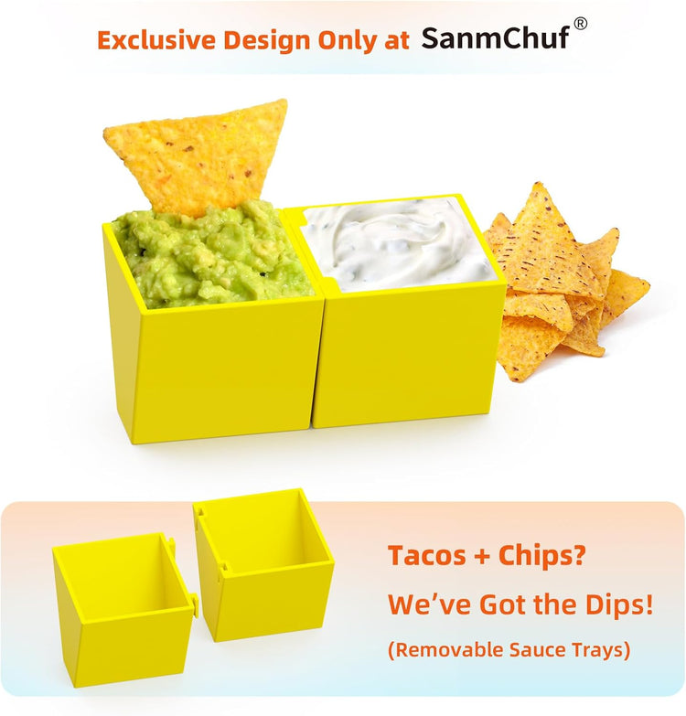Colorful Taco Holder Set – Set of 6 with 2 Sauce Cups, Connectable & Stackable Plastic Taco Stands, Microwave & Dishwasher Safe, Great for Family Meals & Taco Nights