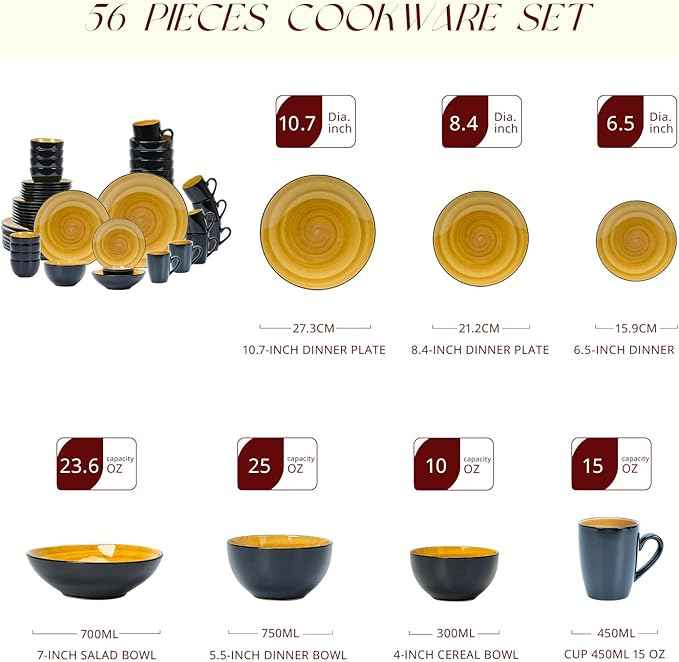 Stoneware Sonoma Dinnerware Set, Black + Speckled Spin Wash (56pc Set, Yellow)