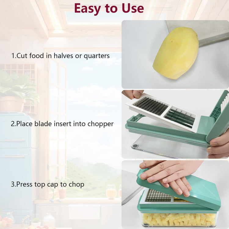 Vegetable Chopper, Onion Dicer, Mandoline Slicer, Food Chopper with Container, Vegetable Cutter for Salad Potato Carrot Garlic(2 Blades, Blue White)
