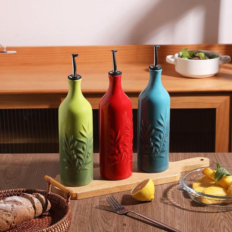 Sweejar Large Ceramic Olive Oil Dispenser Bottle, 24 Oz Relief Opaque Oil Cruet Protects Oil To Reduce Oxidation, Storage Vinegar, Soy Sauce, Coffee Syrup, Liquids, Set of 1 (Red)