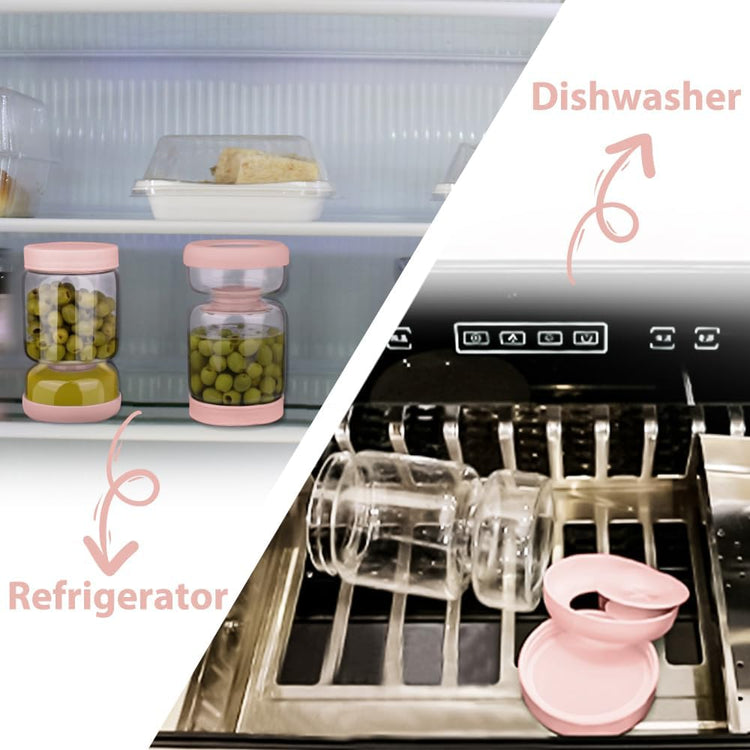 Pickle and Olive Hourglass Jar with Strainer Flip for Juice Separator from Wet and Dry, Upgrade Food-grade ABS Lid and BPA Free Hourglass Pickle Jar for Airtight Food Storage, Pink