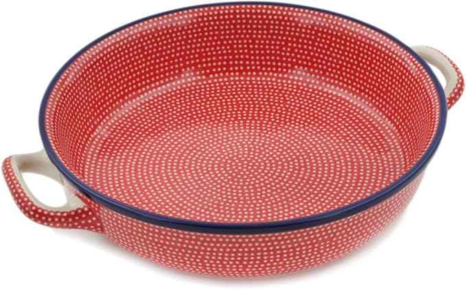 Polmedia Polish Pottery Round Baker with Handles 10-inch UNIKAT - Red Sea Pattern Handmade in Boleslawiec Poland by Ceramika Artystyczna + Certificate of Authenticity