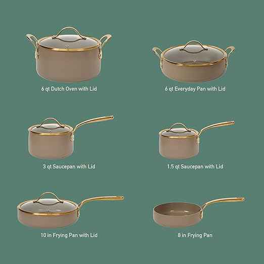 Bloomhouse - Two Time Oprah's Favorite Things Winner - 15 Piece Pots and Pans Heavy Duty Aluminum Premium PFA Free Ceramic Nonstick Dutch Oven Pot with Lid - Cappuccino Cream with Gold Handle
