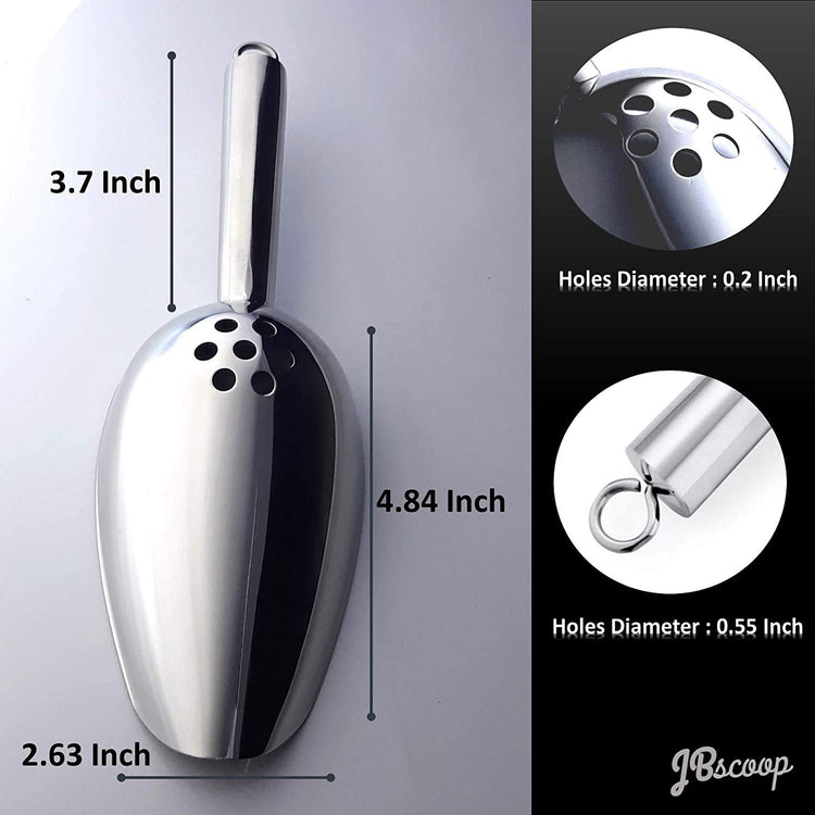 Ice Scoop with Holes. Stainless Steel Ice Scoop with Drain Holes to Reduce Unwanted Dilution. Heavy Duty and Dishwasher Safe. Six Ounce Capacity