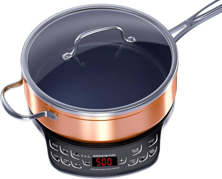 Nuwave Flex Precision Induction Cooktop, 10.25” Shatter-Proof Ceramic Glass, 6.5” Heating Coil, 45 Temps 100°F to 500°F, 4Qt Induction-Ready Healthy Ceramic Non-Stick Everyday Pan with Lid Included