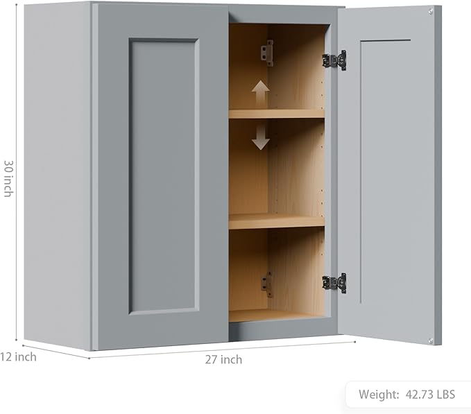 27 Inch Medicine Cabinet Wall Mounted, Solid Wood Over The Toilet Storage Cabinet, Bathroom Organizer Cabinets with 2 Door & Shelves, Easy to Assemble for Laundry Room, Kitchen, Garage - Dark Gray