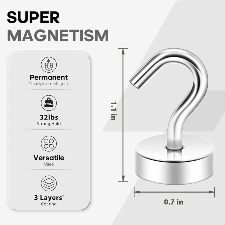 Neosmuk Magnetic Hooks, Cruise Ship Essentials, 30lb+ Heavy Duty Magnetic Hooks for Cruise Cabins, Refrigerator, Grill, Hanging, and Travel | Extra Strong Must-Haves Magnet Hook,Silver,Pack of 10