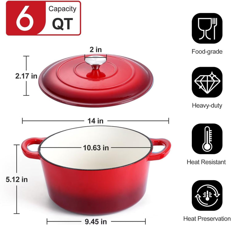 P&P CHEF 6QT Enameled Dutch Oven, Cast Iron Dutch Oven Pot with Lid for Bread Baking, Enameled Casserole Pot for Roasting Braising Stewing Frying Simmering, Various Stoves & Easy Clean, Red - Nestoria