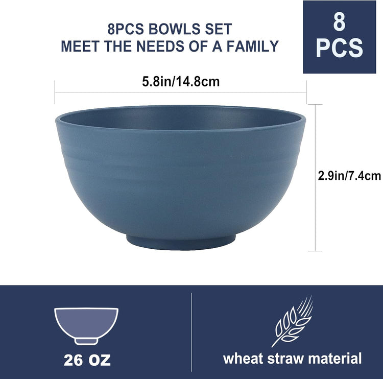 Wheat Straw Bowl Sets,8 PCS Unbreakable Cereal Bowl 26 OZ,Microwave and Dishwasher Safe Bowls,Bowl Sets for Camping and Picnic BPA Free Colorful Salad Bowls for Serving Soup,Oatmeal and Fruit Etcβ¦