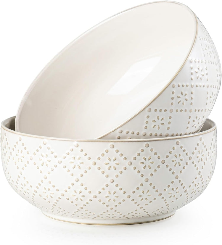 Large Serving Bowls, 8 inch 60 OZ Salad Bowls Set of 2, Ceramic Bowl Set for Salad,Ramen, Soup, Cereal and Entertaining, Farmhouse Decorative, Dishwasher & Microwave Safe, Off-White