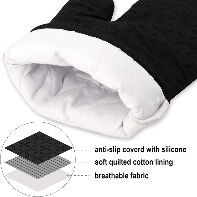 KEGOUU Oven Mitts and Pot Holders 6pcs Set, Kitchen Oven Glove High Heat Resistant 500 Degree Extra Long Oven Mitts and Potholder with Non-Slip Silicone Surface for Cooking (Black)