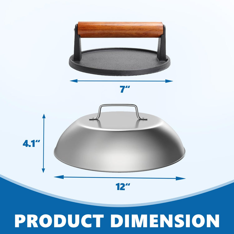 Round Griddle Basting Cover Dome&Cast Iron Burger Press for Flat Top Grills