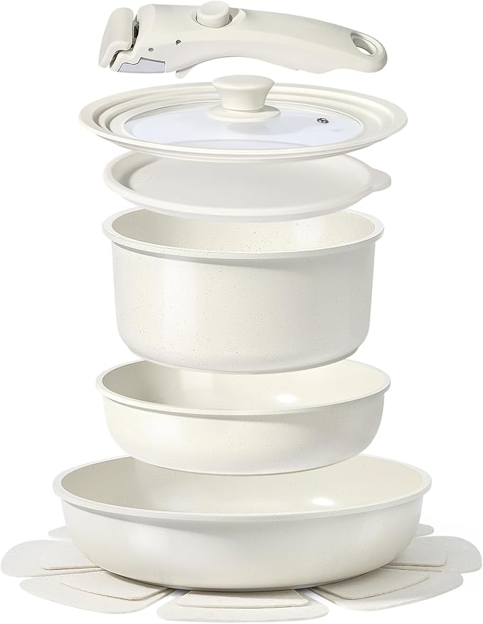GiPP Ceramic Pots and Pans Set Non Stick, Nonstick Detachable Handle Cookware Sets, Healthy Non Toxic PFAS PFOA & PTFE Free, Dishwasher &Oven Safe, Induction Kitchen Pot and Pan, 8 Piece Cream