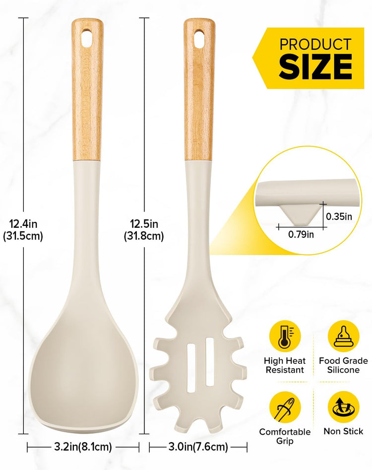 Silicone Soup Ladle and Spaghetti Spoon Set with Wooden Handle, Non Stick Heat Resistant Kitchen Utensils for Cooking, Stirring, Serving Pasta, Soup & Sauce(KHAKI)