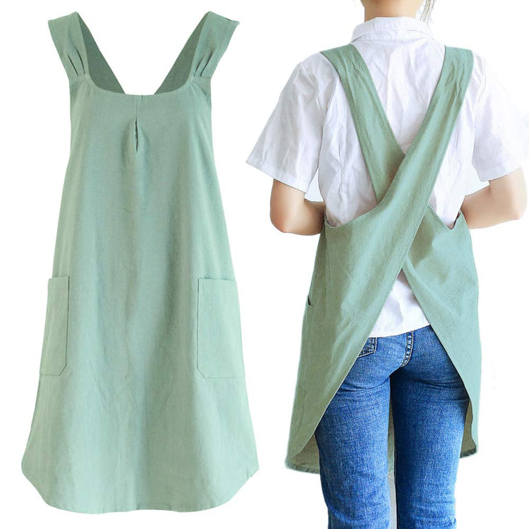 Japanese Linen Cross Back Kitchen Cooking Aprons for Men with Pockets for Baking Painting Gardening Cleaning Light Green