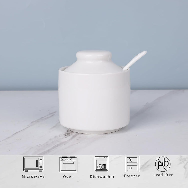 HAOTOP 8 oz Sugar Bowl with Lid and Spoon,Ceramic Sugar Jar Sugar Dispenser Sugar Container Coffee Bar Accessories, Kitchen Countertop Canisters (White)