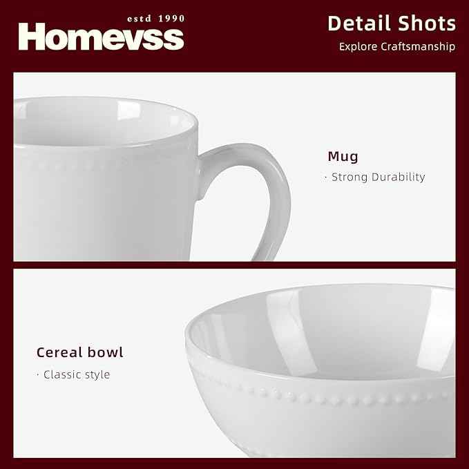 HomeVss, New Bone China Dinnerware Set, Embossed Pearl Design, 16pc Set