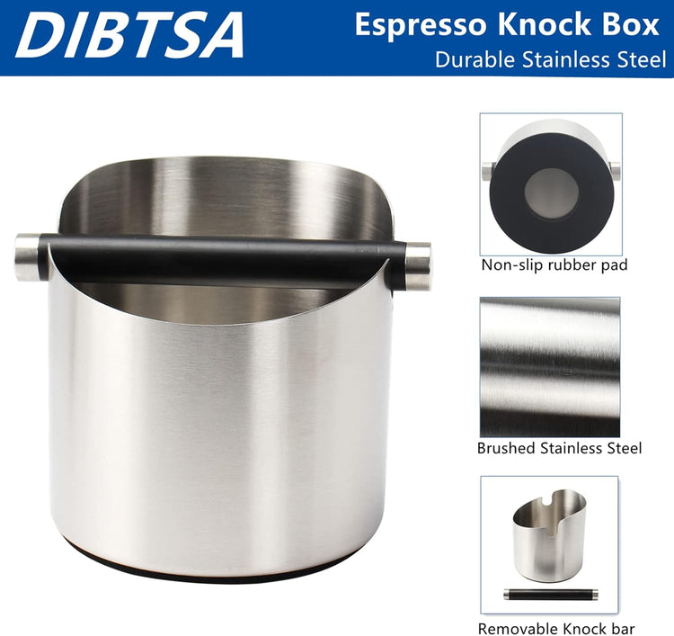 DIBTSA Coffee Knock Box, Espresso Knock Box Stainless Steel Espresso Machine Accessories with Removable Knock Bar and Non-Slip Base Coffee Grounds Container Bin, Large (Silver)
