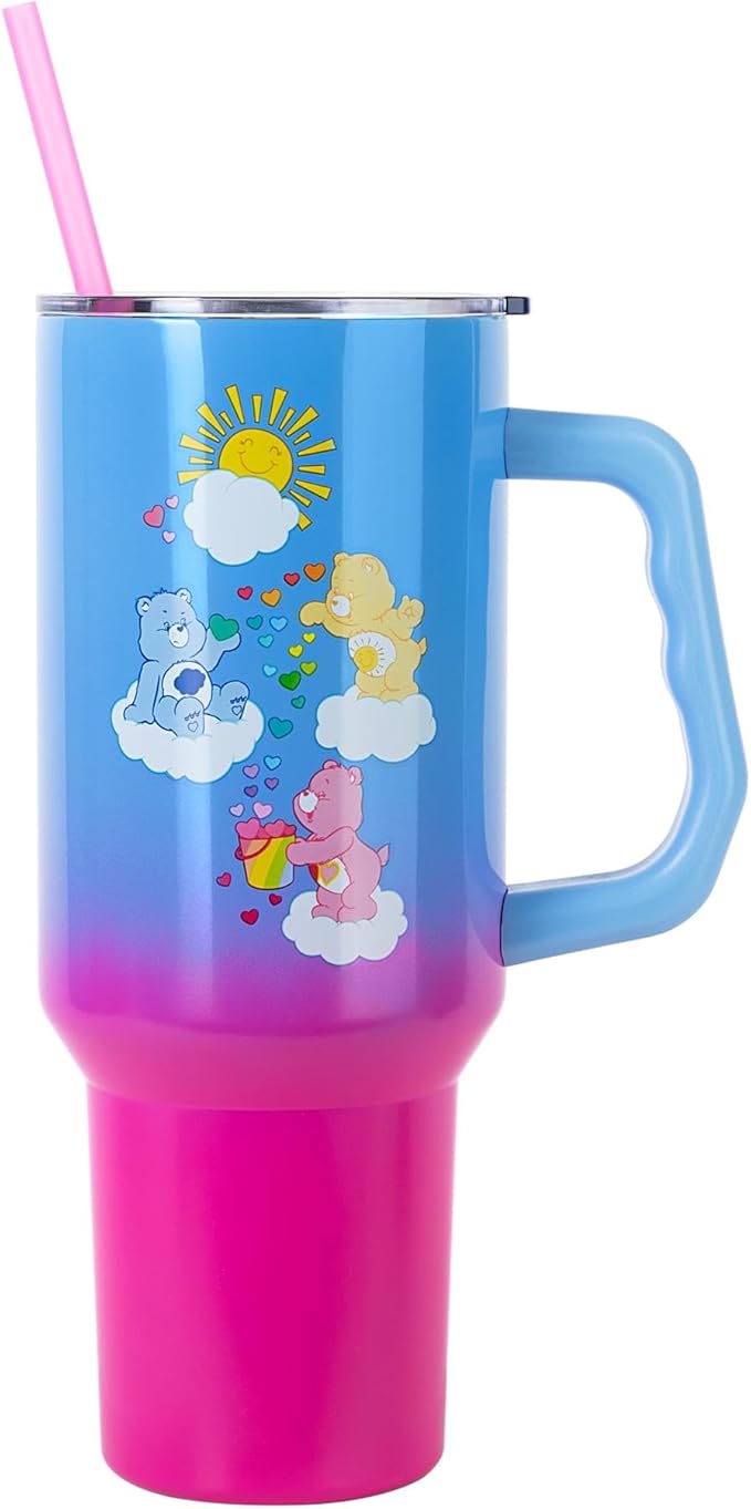 Silver Buffalo Care Bears Featuring Grumpy Bear, Funshine, and Love-A-Lot Bear Heart Showers Ombre Double Walled Stainless Steel Tumbler with Handle and Straw, Fits in Standard Cup Holder, 40 Ounces