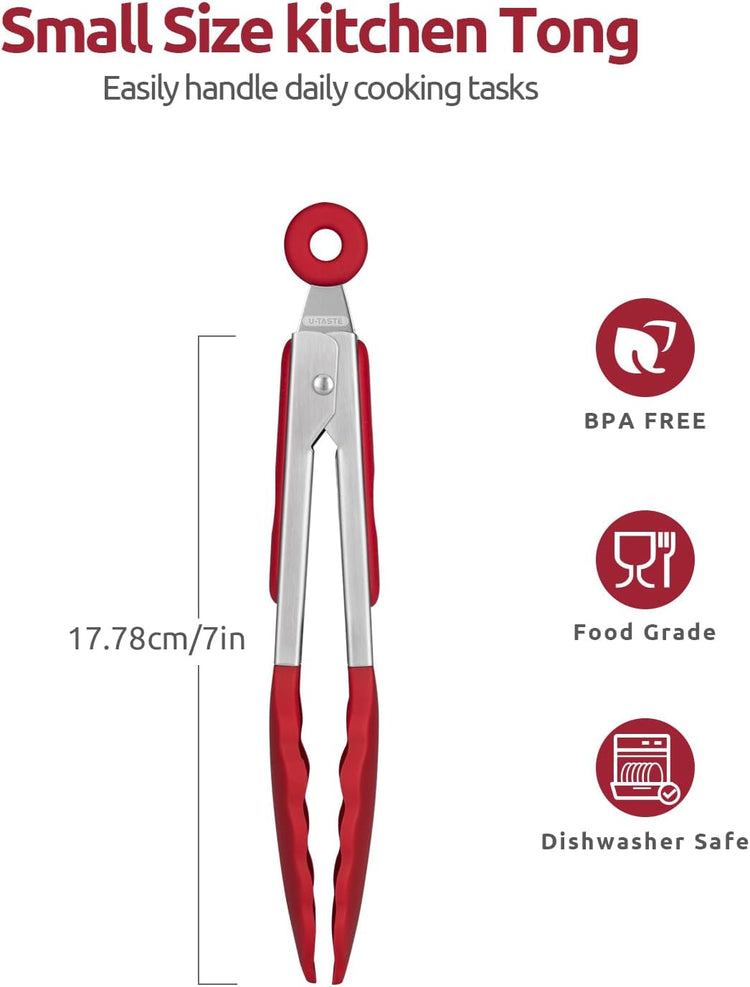 480ºF Heat Resistant Kitchen Tong: U-Taste 7 inch Silicone Cooking Tong with Firm Sealed Non Stick Rubber Tips & Silicon Coated 18/8 Stainless Steel Handle & Smooth Locking for Serving Salad (Red)