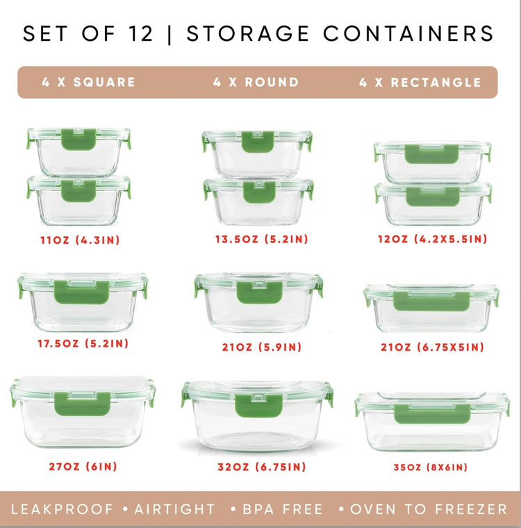 JoyJolt 24pc Borosilicate Glass Storage Containers with Lids | 12 Airtight/Freezer Safe Food Storage Containers for Pantry and Kitchen | Meal Prep Container for Lunch | Glass Tupperware Set