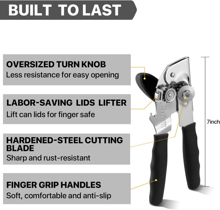 Can Opener Manual Heavy Duty, UHIYEE Hand Held Can Openers for Seniors with Comfort Grip Sharp Blade, Solid Steel Hand Manual Can Open with Magnet for Kitchen Camping, Black