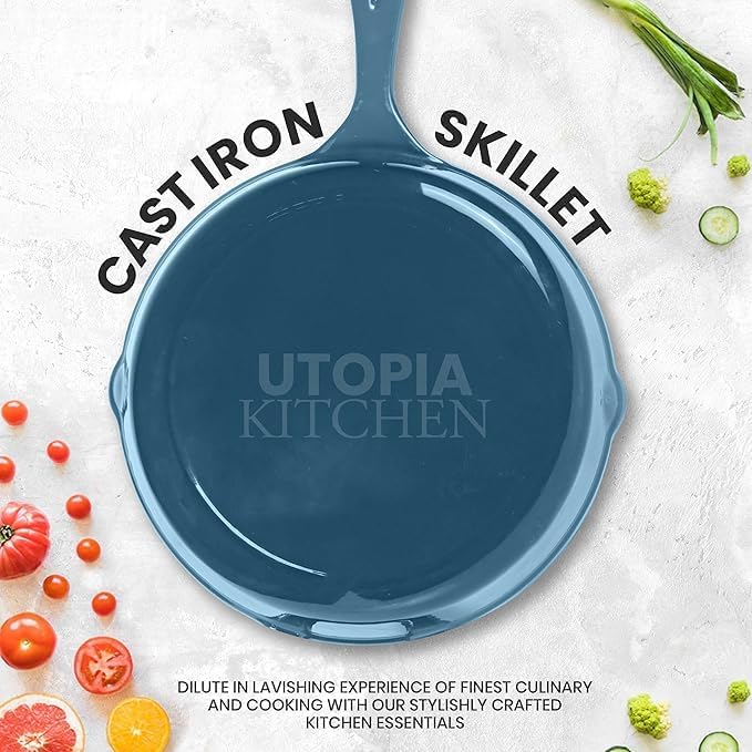 Utopia Kitchen Saute Frying Pan 3 Piece Set, Cast Iron Chefs Pan, Pre Seasoned Cast iron Skillets, 6, 8 & 10 Inches, Easy Use in the Oven, Stove, Grill, or Campfire, Teal - Nestoria