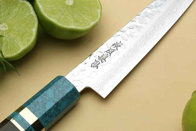 Yoshihiro VG-10 46 Layers Hammered Damascus Petty Utility Japanese Chef Knife Octagonal Turquoise Blue Handle (6'' (150mm))