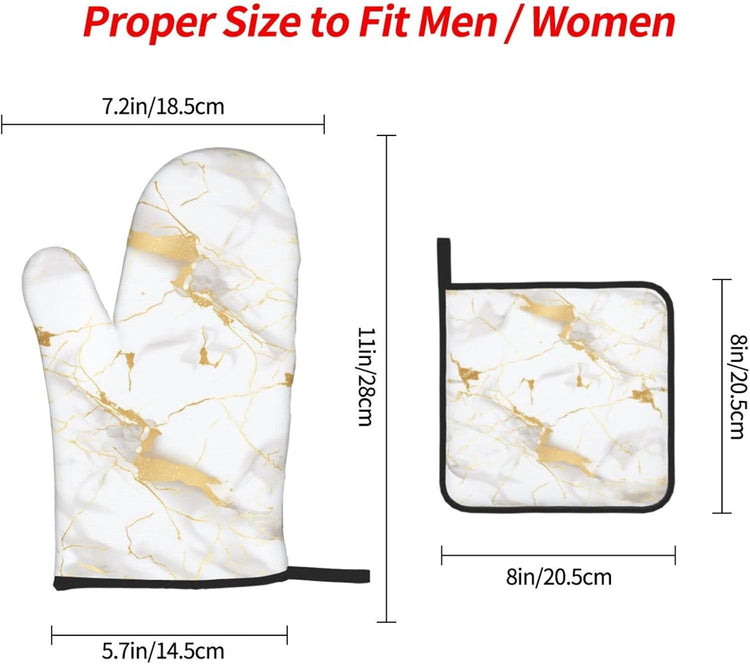 White Gold Marble Oven Mitts and Pot Holders Sets of 3 Heat Resistant Oven Gloves Hot Pads Non-Slip Kitchen Accessories for Baking Cooking Grilling BBQ