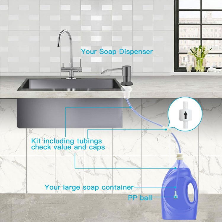 Dish Soap Dispenser for Kitchen Sink, Countertop Sink Soap Dispenser Water Pump with 47” No-Spill Extension Tube Kit Design for Kitchen Bathroom, No More Refills (Gray)