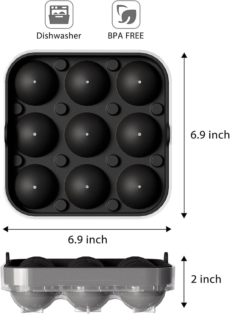 Wanderworld Ice Tray Combo, Silicone Reusable 2 inch Big Ice Freezer Mold, 9 Cubes& 9 Sphere Ice Maker tray with lid for Whiskey, 2 pack.